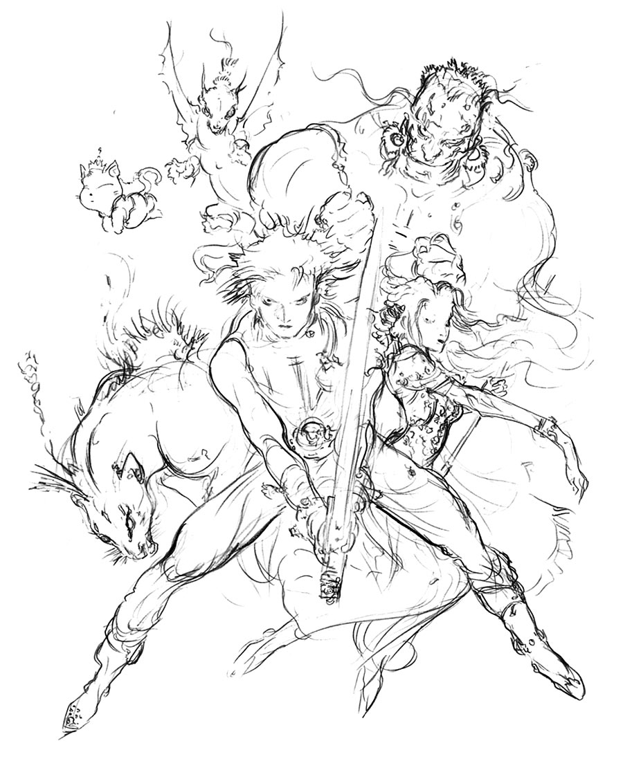 Main Characters 'Challenge' Sketch from Final Fantasy VII