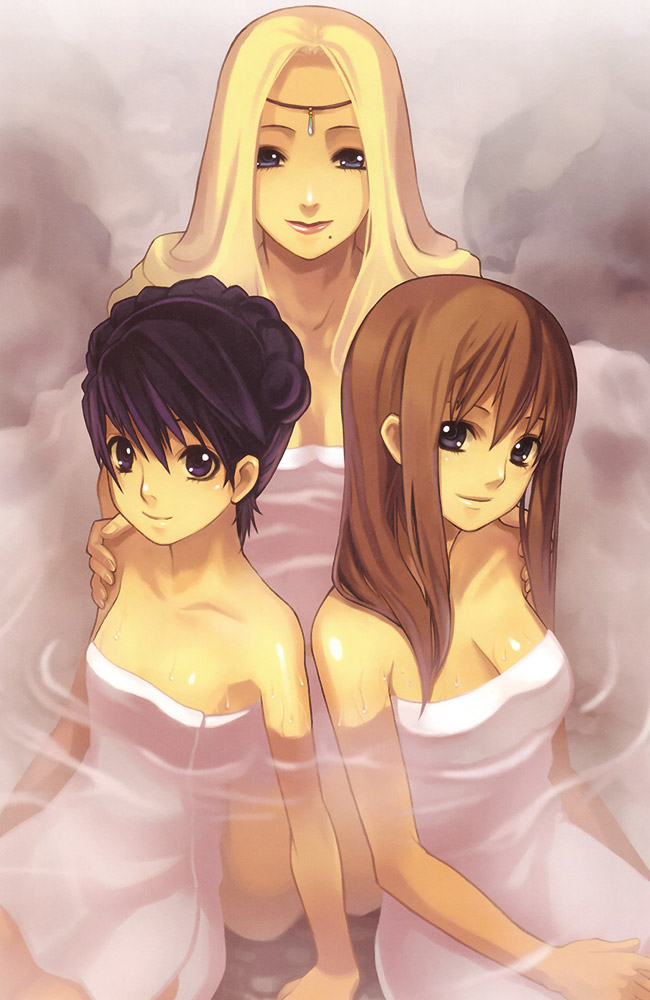 Claire, Misha, & Aurica in Hot Spring Art from Ar tonelico: Melody of Elemia
