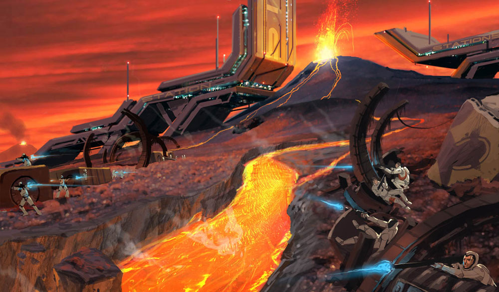 Battle Across Lava Flow Art from Mass Effect