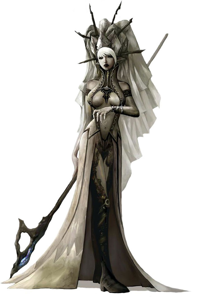 Dark Elf Female & Staff Art from Lineage II