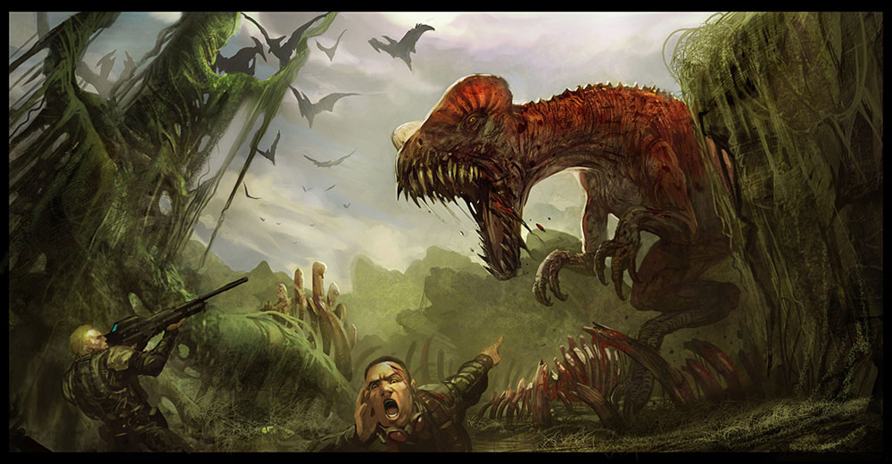 Dilophosaurus Feeding Ground Art from Turok