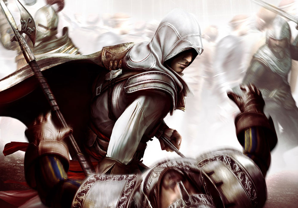 Ezio Fighting Guards Art from Assassin's Creed II