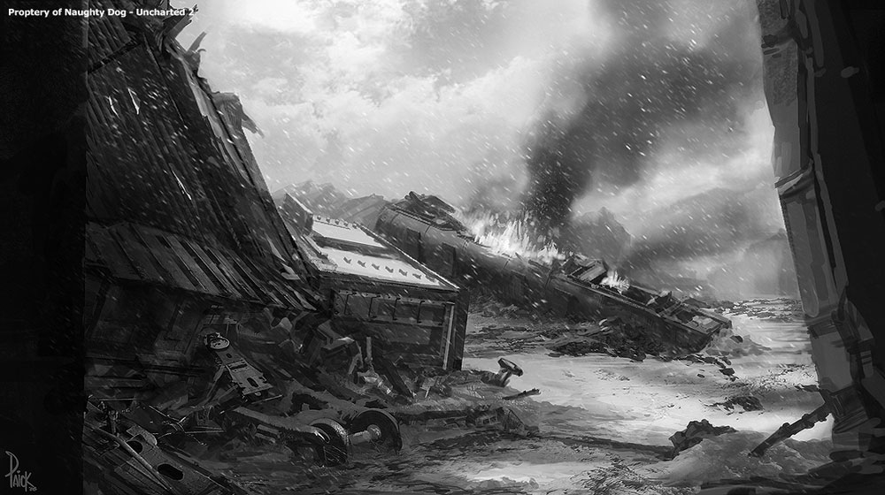 Burning Train Wreck Art from Uncharted 2: Among Thieves