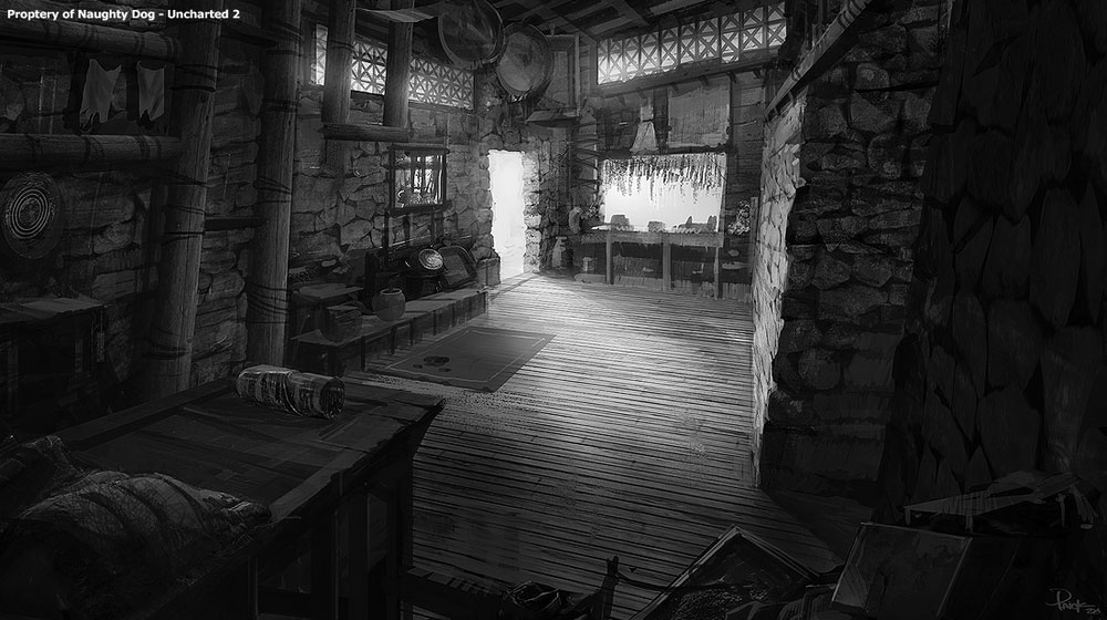 Village Hut Interior Concept Artwork from Uncharted 2: Among Thieves