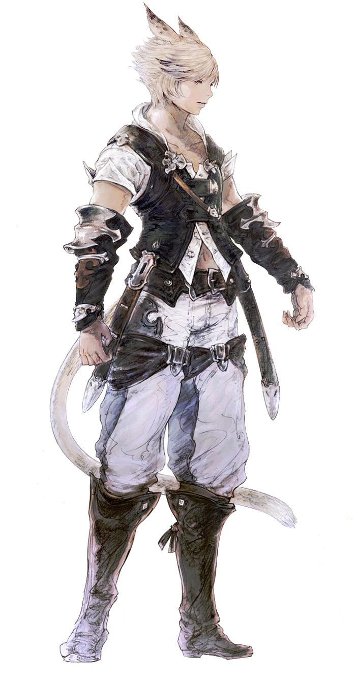 Miqo'te Male in Initial Gear Art from Final Fantasy XIV: A Realm Reborn