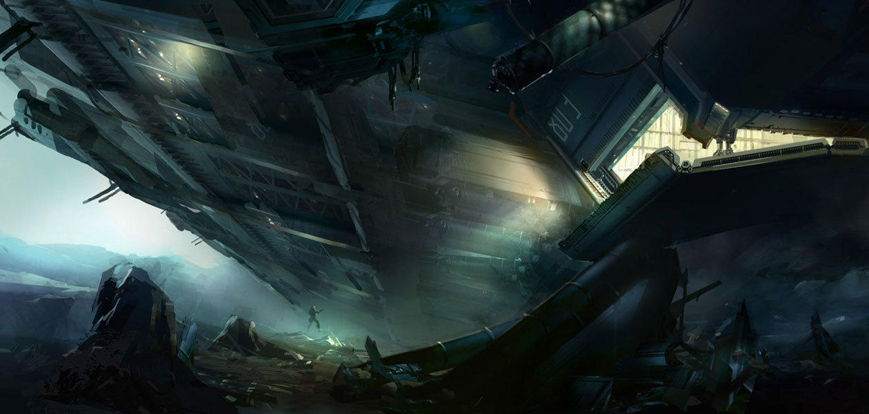 Master Chief Inspects Dawn Wreckage Art from Halo 4