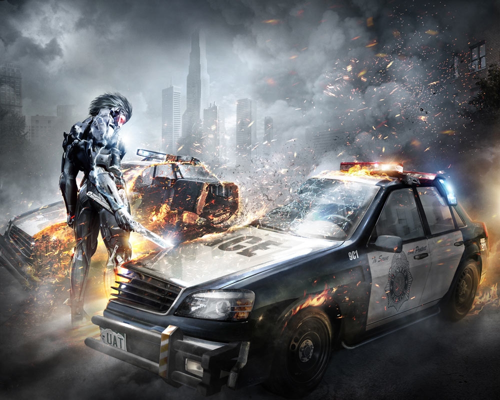 Raiden & Cut Police Car Art from Metal Gear Rising: Revengeance