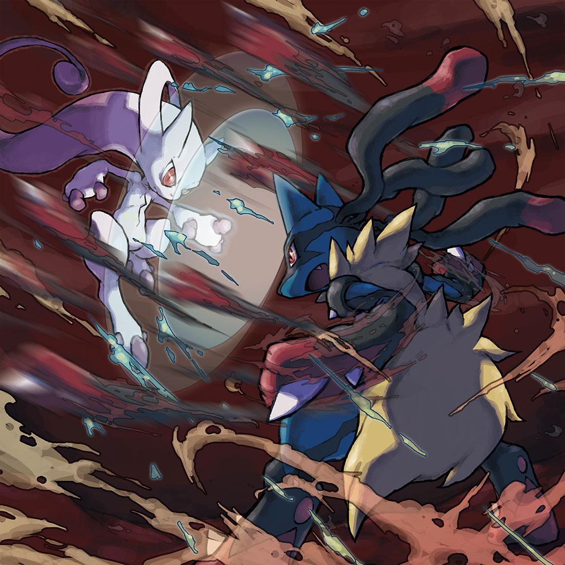 Mega Mewtwo vs Mega Lucario Art from Pokémon X and Y