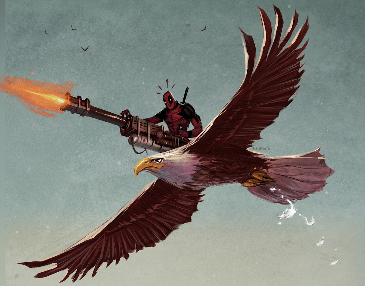 Deadpool Flying an Eagle Art from Deadpool