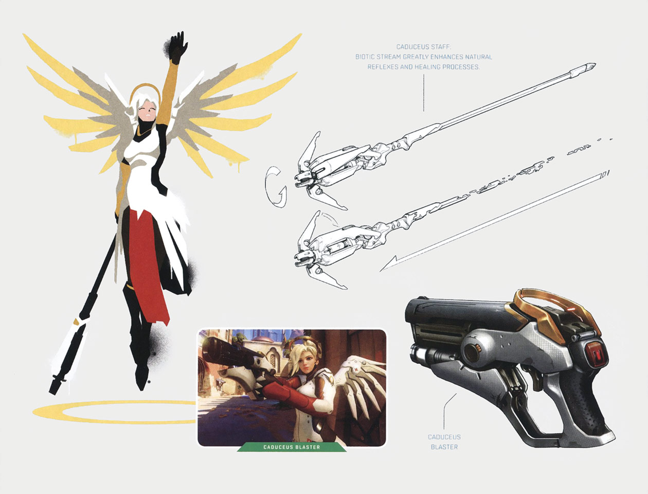 Mercy's Caduceus Staff & Blaster Concept Art from Overwatch