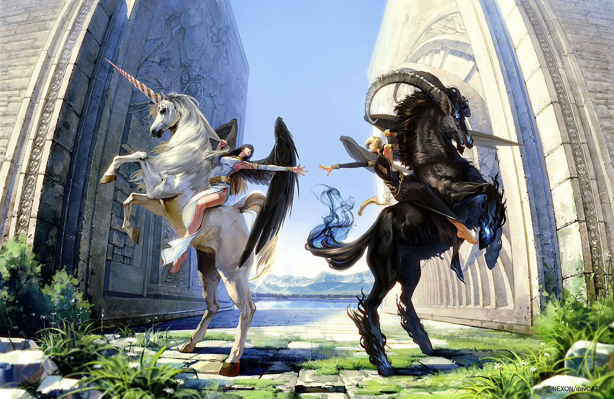 Morrighan & Macha on Mounts Art from Mabinogi II: Arena