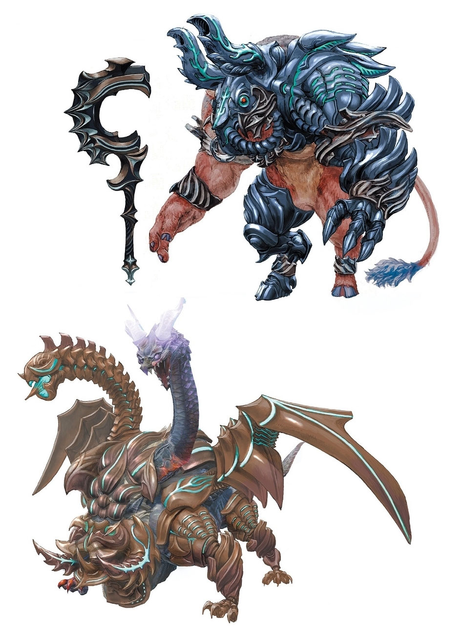 Servomechanical Minotaur and Chimera Art from Final Fantasy XIV: Stormblood