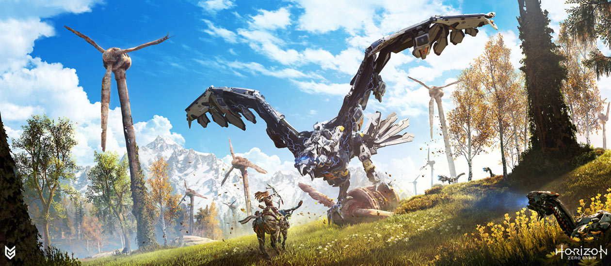 Aloy vs Thunderhawk Artwork from Horizon Zero Dawn