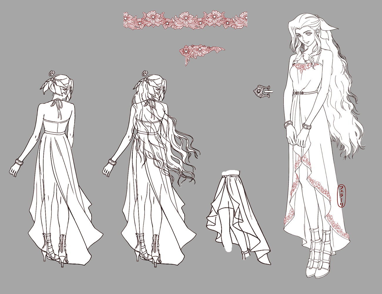 Aerith Pink Dress Line Art from Final Fantasy VII Remake