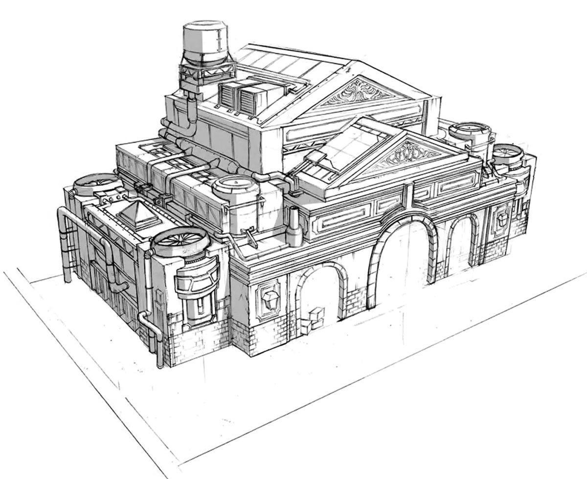 Sector 1 Station Exterior Sketch from Final Fantasy VII Remake