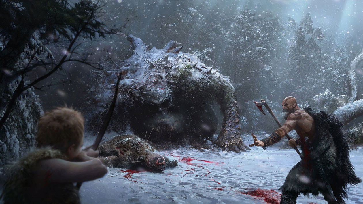 Kratos & Son in Battle Concept Art from God of War
