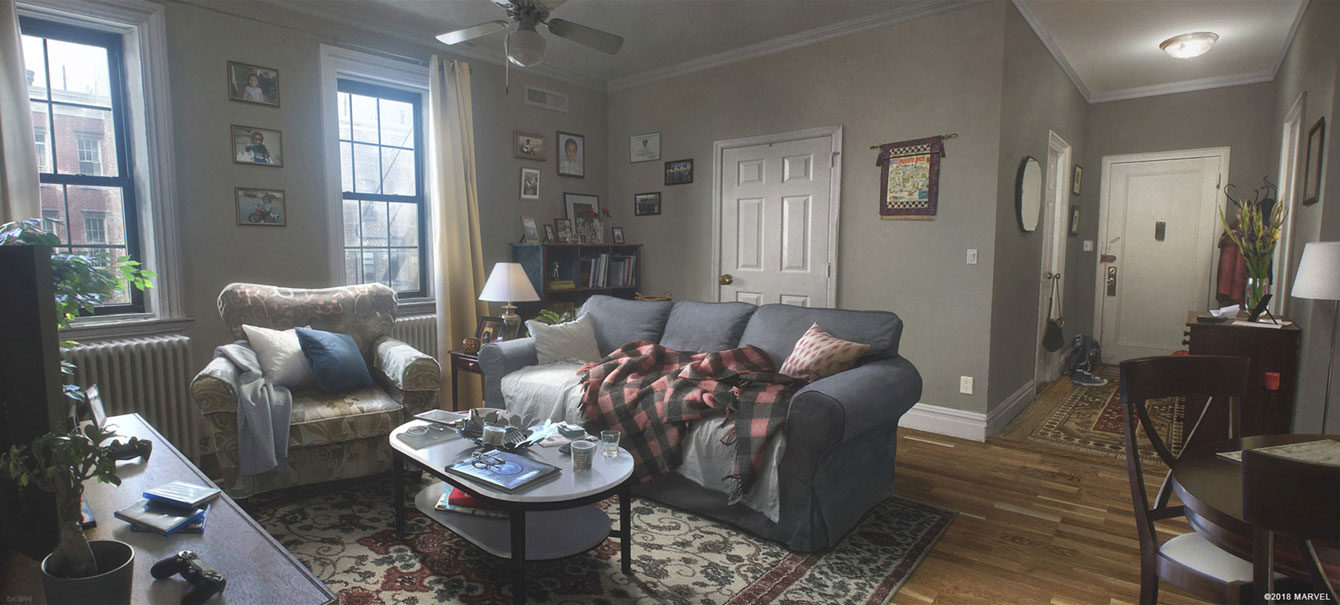 Miles Morales' Apartment Living Room Concept Art from Spider-Man (2018)