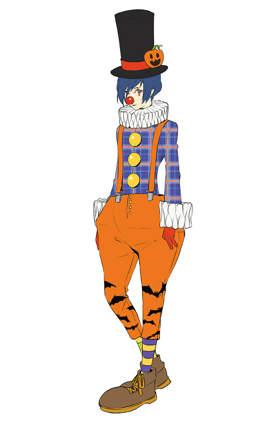 Protagonist Pumpkin Clown Outfit Art from Persona 3: Dancing in Moonlight