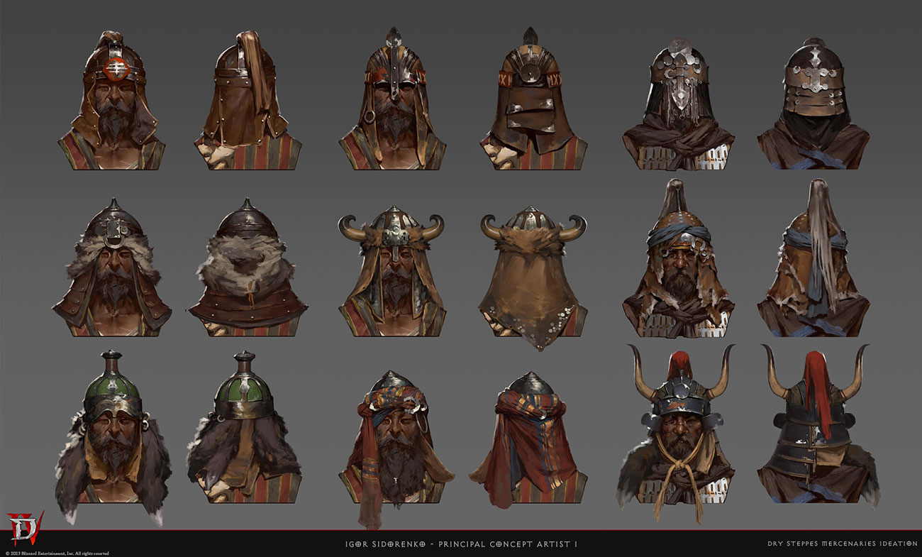 Dry Steppes Mercenaries Helmets Art from Diablo IV