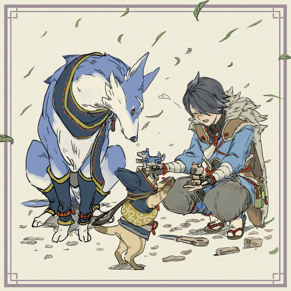Handler Playing with Palamute and Palico Art from Monster Hunter Rise
