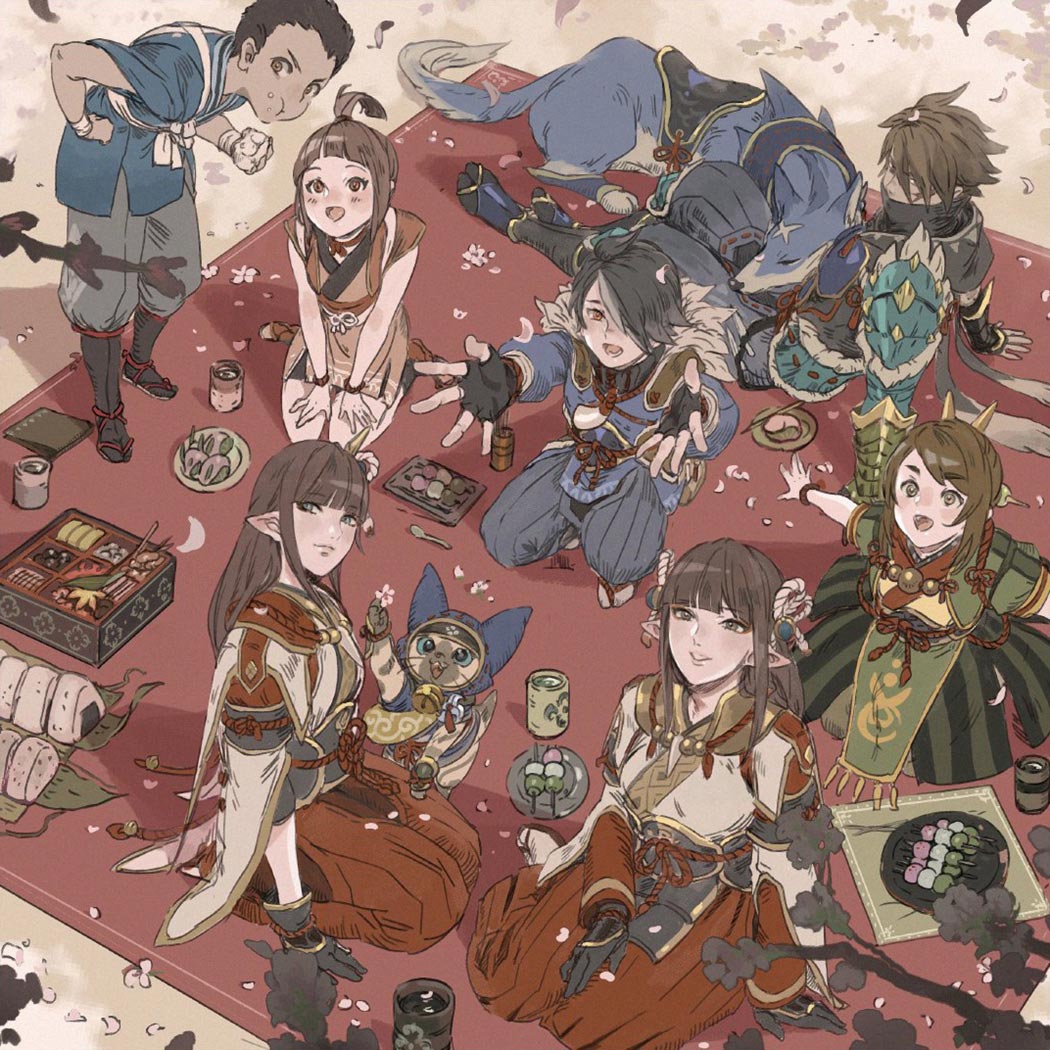 Kamura Village Residents Admiring Cherry Blossoms Art from Monster Hunter Rise