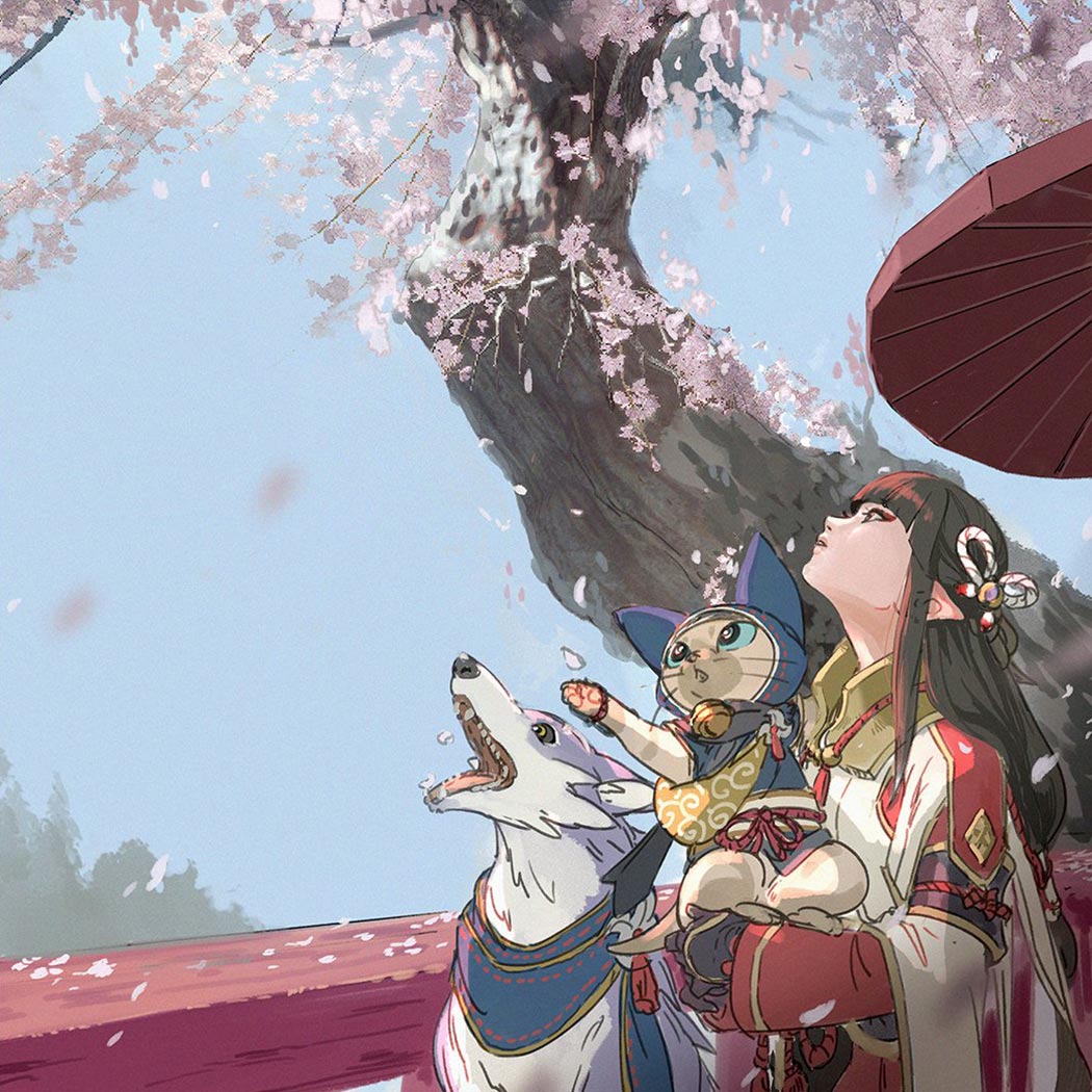 Kamura Village Residents and Cherry Blossoms Art from Monster Hunter Rise