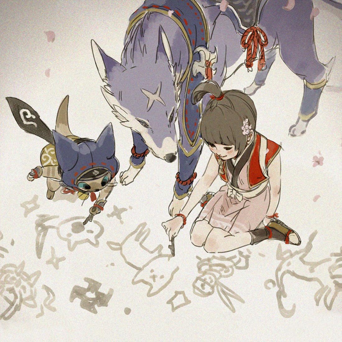 Komitsu, Palico, and Palamute Art from Monster Hunter Rise