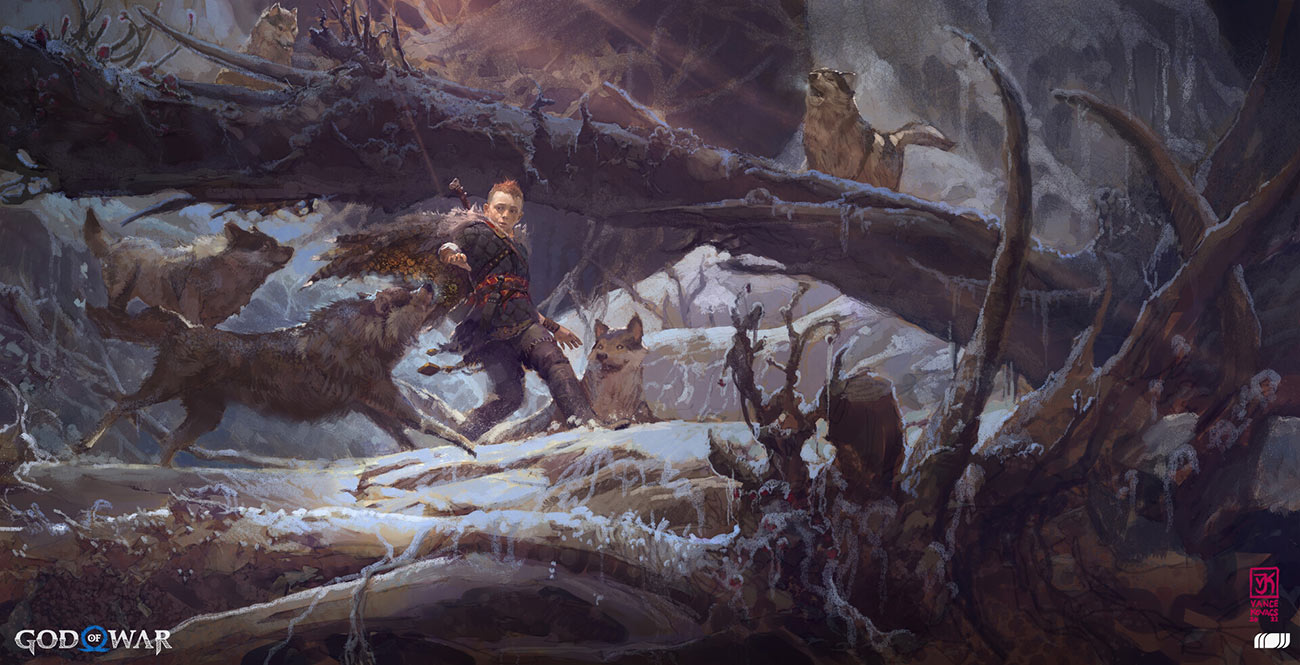 Atreus and the Wolves Art from God of War Ragnar&ouml;k