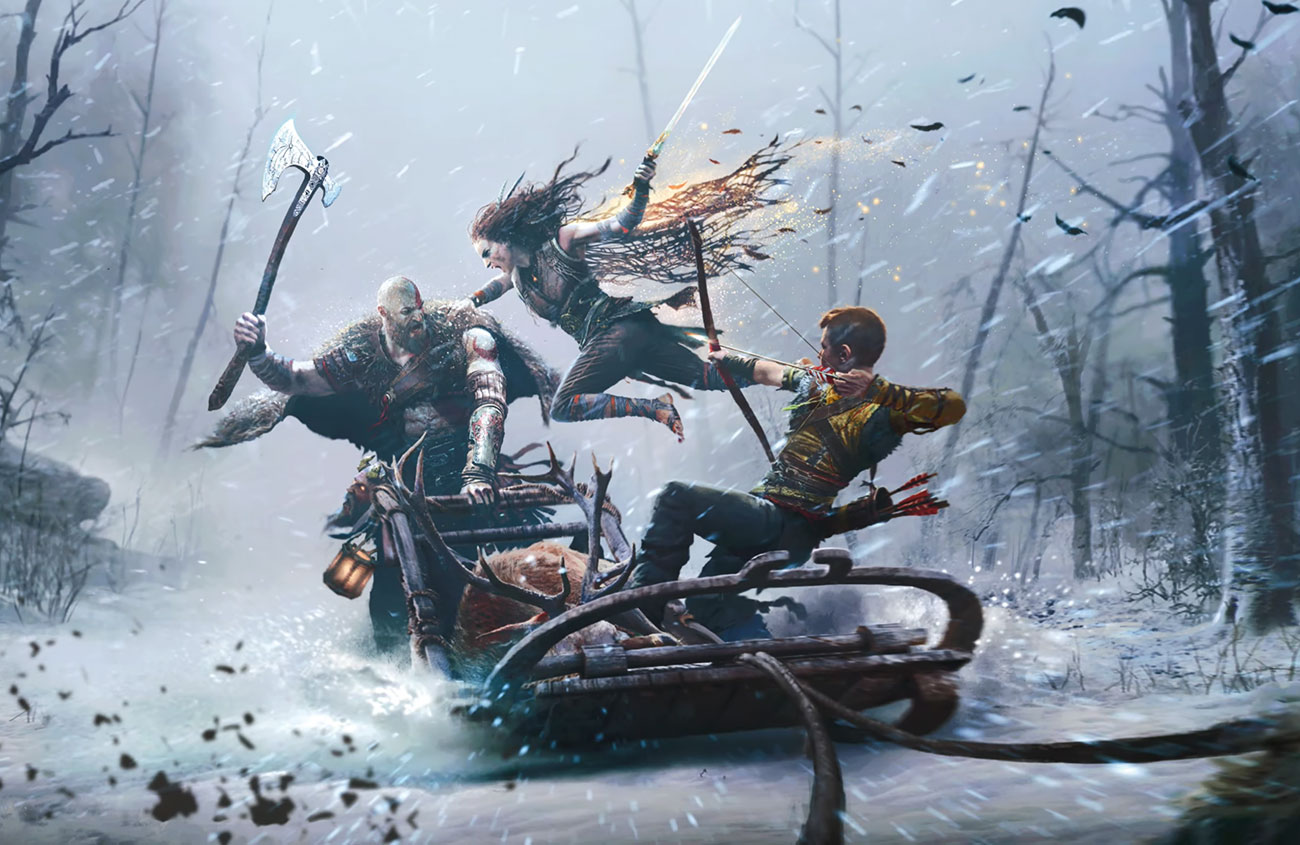 Freya Attacking Kratos and Atreus Art from God of War Ragnar&ouml;k