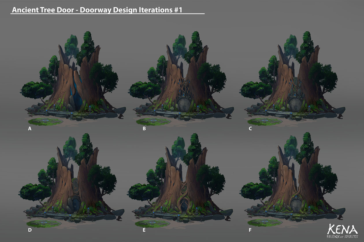 Ancient Tree Door Design Iterations Art from Kena: Bridge of Spirits