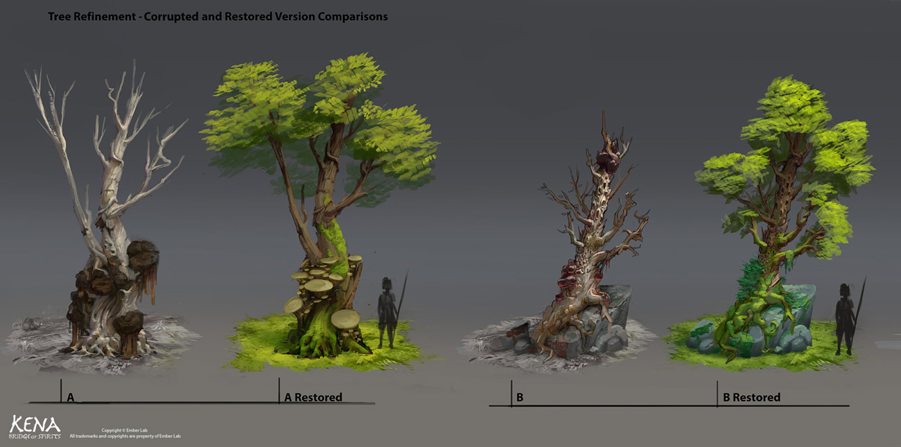 Corrupted and Restored Trees Art from Kena: Bridge of Spirits