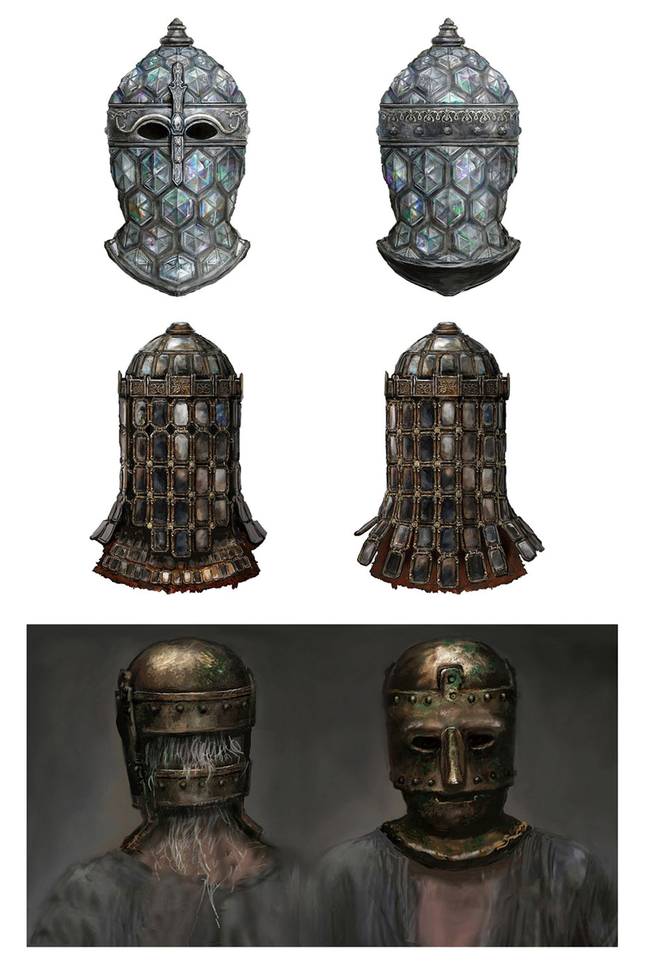 Nox's Mirrorhelm, Iji's Mirrorhelm, & Blackguard Iron Mask Art from Elden Ring