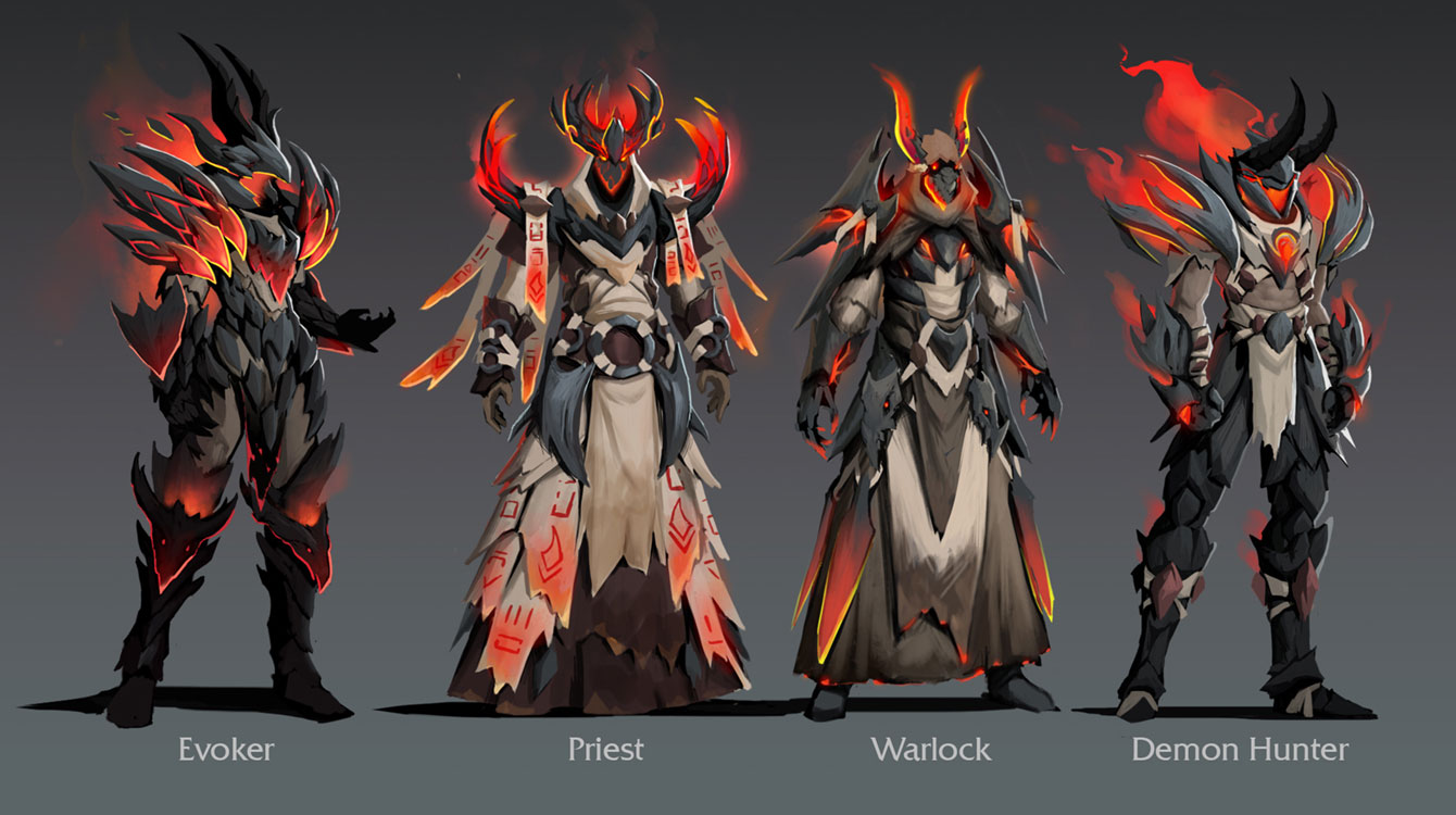 Primalist Raid Tier Set: Evoker, Priest, Warlock, Demon Hunter from World of Warcraft: Dragonflight