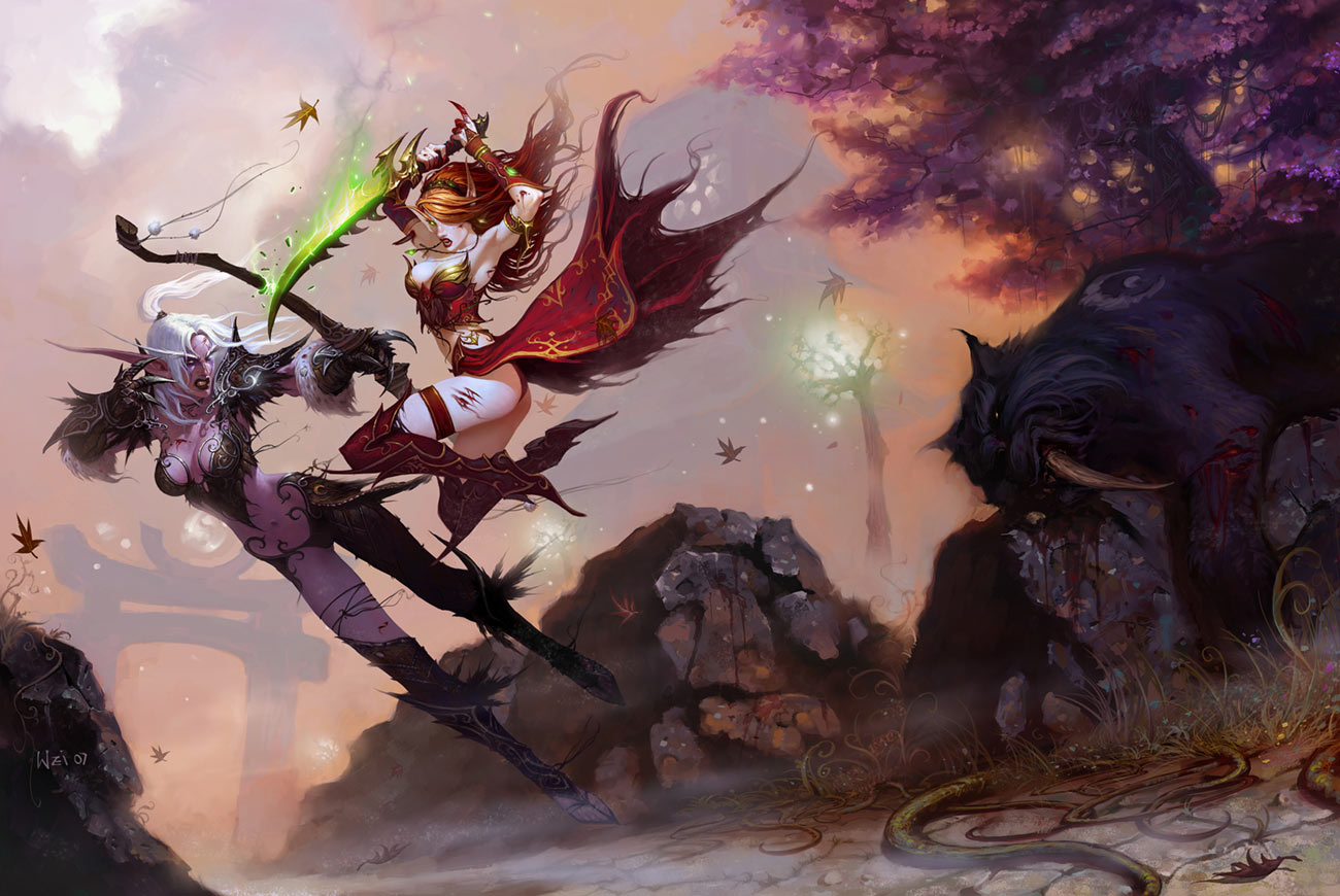 Night Elf vs. Blood Elf Art from World of Warcraft: The Burning Crusade