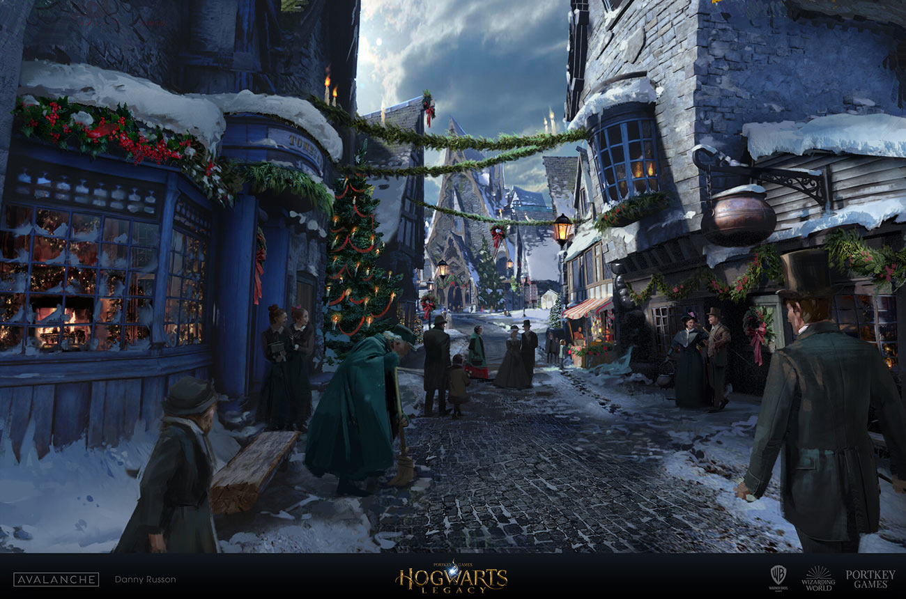 Hogsmeade High Street Christmas Season Art from Hogwarts Legacy