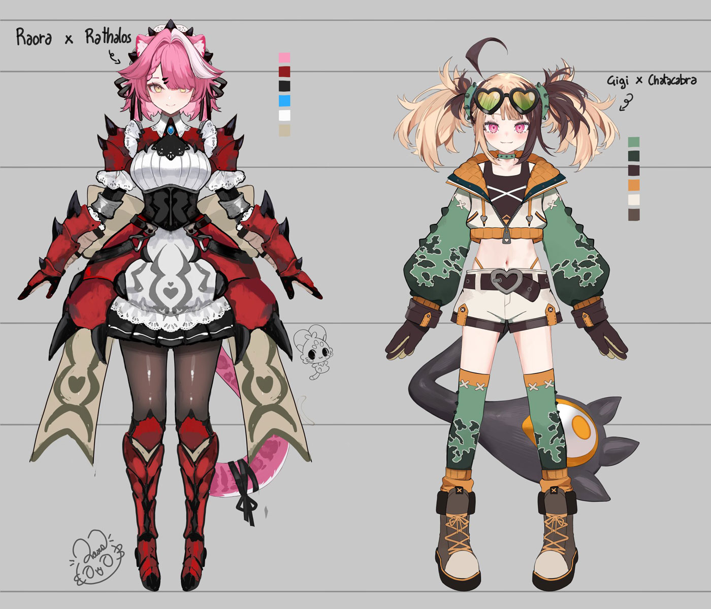 Raora's Rathalos Outfit & Gigi's Chatacabra Outfit Art from Monster Hunter Wilds