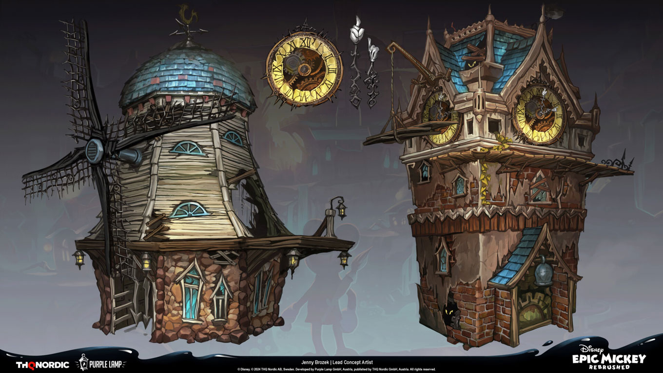 Windmill and Clock Tower Art from Epic Mickey: Rebrushed